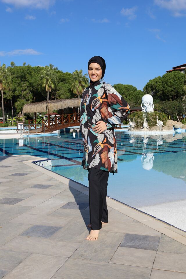 Estiva Botanic Noir Tam Kapalı Pantolonlu Fermuarlı Tesettür Mayo