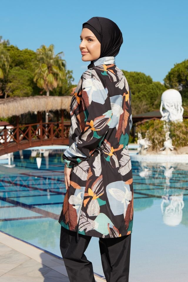 Estiva Botanic Noir Tam Kapalı Pantolonlu Fermuarlı Tesettür Mayo