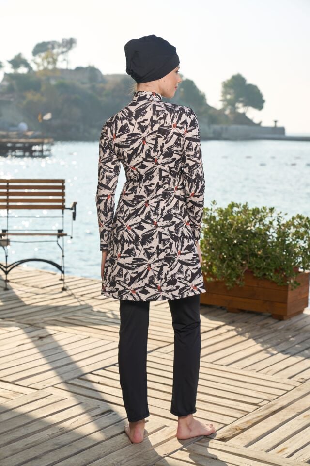 Estiva Kadın Tam Kapalı Dijital Desenli Tesettür Mayo Siyah