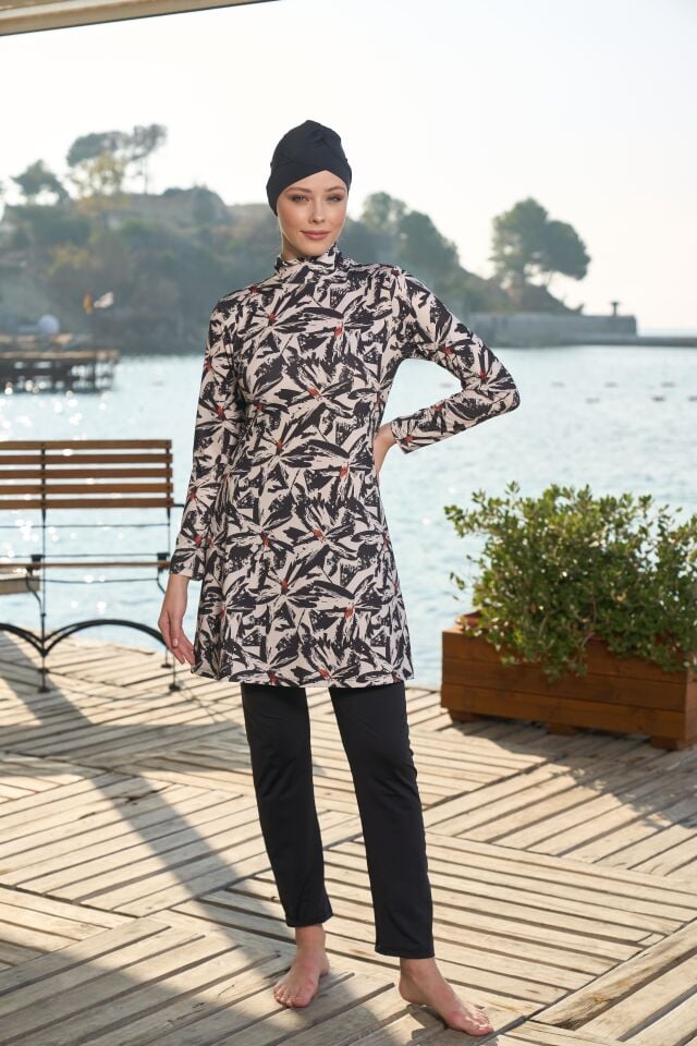 Estiva Kadın Tam Kapalı Dijital Desenli Tesettür Mayo Siyah