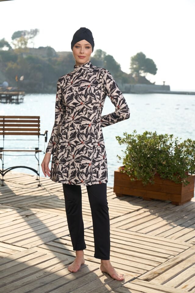 Estiva Kadın Tam Kapalı Dijital Desenli Tesettür Mayo Siyah