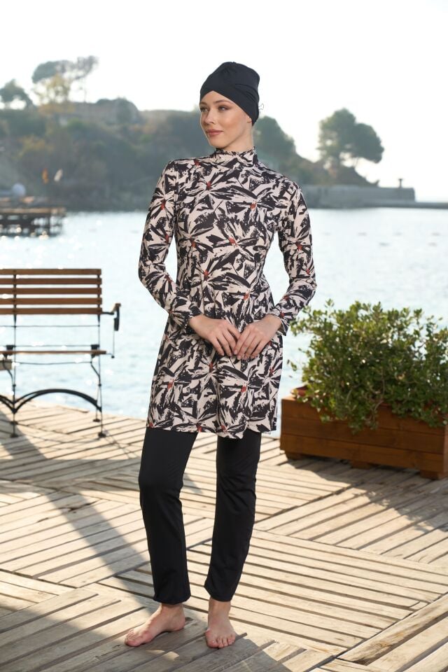 Estiva Kadın Tam Kapalı Dijital Desenli Tesettür Mayo Siyah