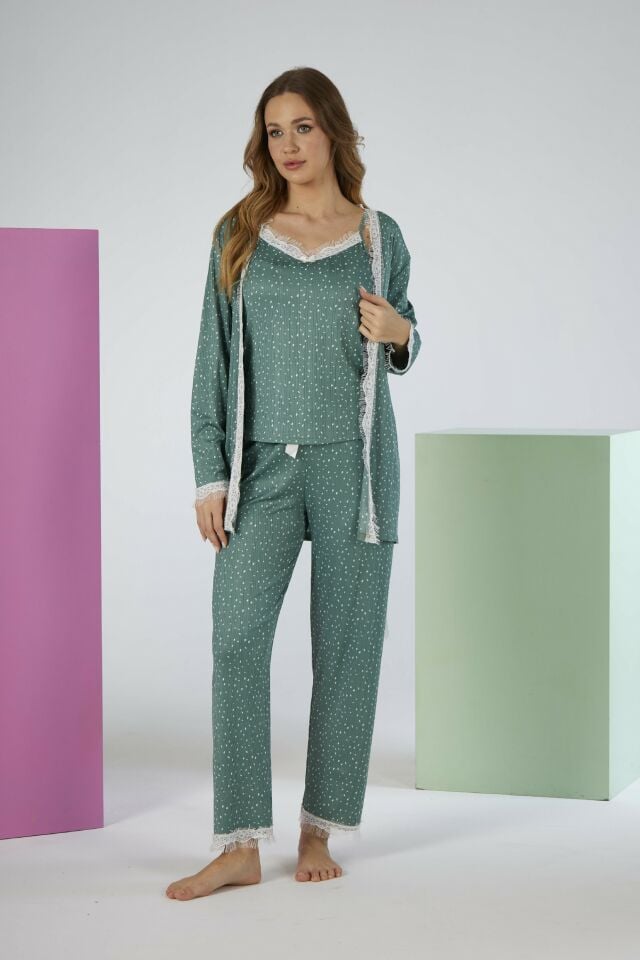Kadın Yazlık Desenli 3 Parça Sabahlıklı İp Askılı Likra Viskon Pijama Takımı - Yeşil