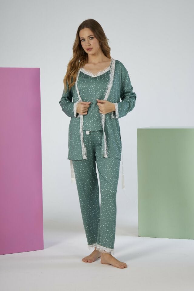 Kadın Yazlık Desenli 3 Parça Sabahlıklı İp Askılı Likra Viskon Pijama Takımı - Yeşil