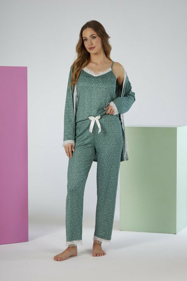 Kadın Yazlık Desenli 3 Parça Sabahlıklı İp Askılı Likra Viskon Pijama Takımı - Yeşil