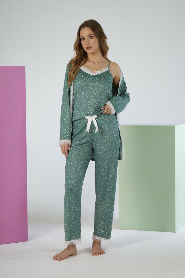 Kadın Yazlık Desenli 3 Parça Sabahlıklı İp Askılı Likra Viskon Pijama Takımı - Yeşil