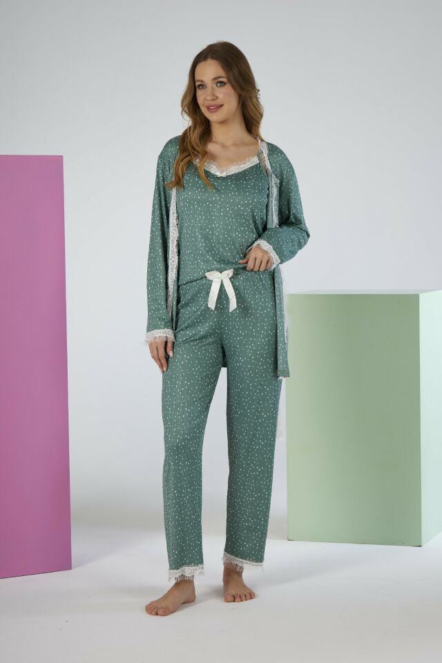 Kadın Yazlık Desenli 3 Parça Sabahlıklı İp Askılı Likra Viskon Pijama Takımı - Yeşil