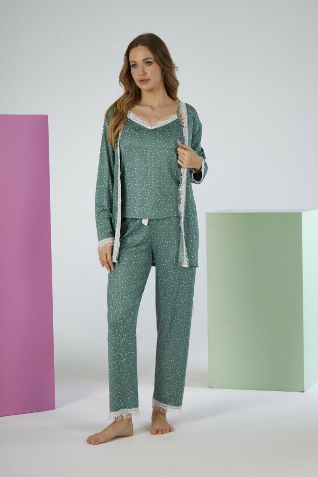 Kadın Yazlık Desenli 3 Parça Sabahlıklı İp Askılı Likra Viskon Pijama Takımı - Yeşil