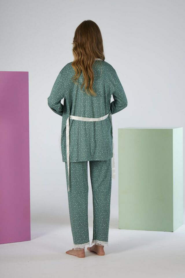 Kadın Yazlık Desenli 3 Parça Sabahlıklı İp Askılı Likra Viskon Pijama Takımı - Yeşil