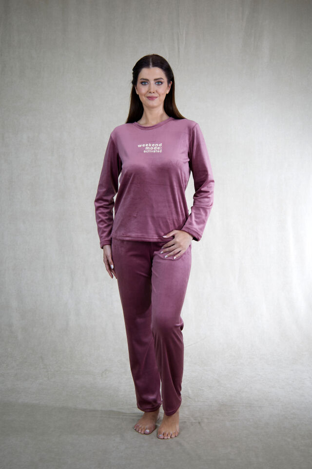Estiva Kadın Weekend Yazılı Kadife Pijama Takımı Lacivert - M