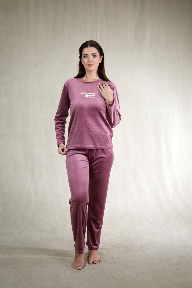 Estiva Kadın Weekend Yazılı Kadife Pijama Takımı Lacivert - M