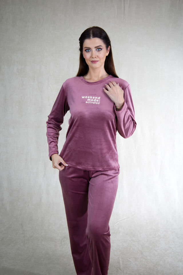 Estiva Kadın Weekend Yazılı Kadife Pijama Takımı Lacivert - M