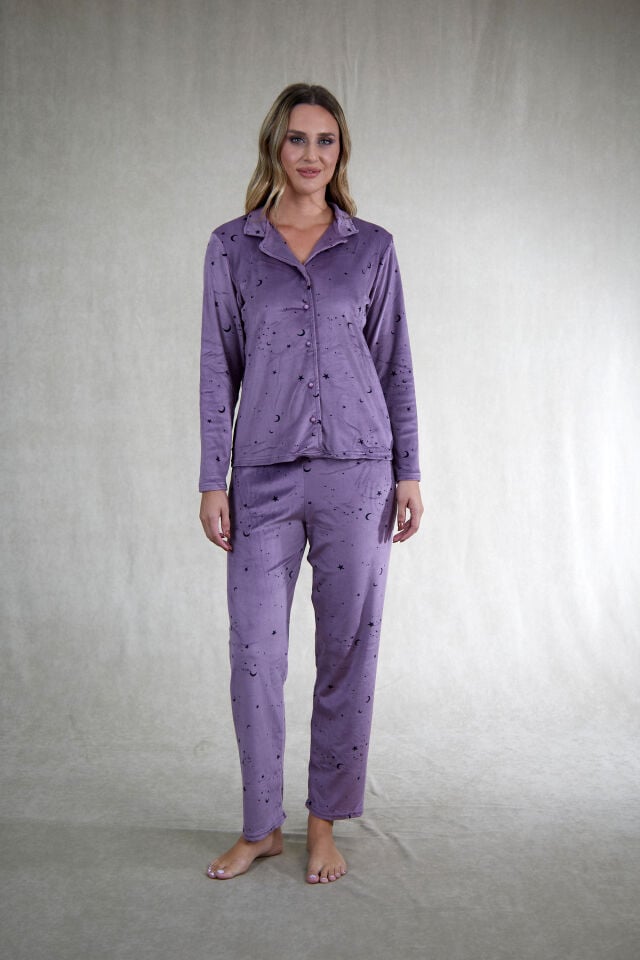 Kadın Kışlık Önden Düğmeli Yıldız Desenli Kadife Pijama Takımı Mor
