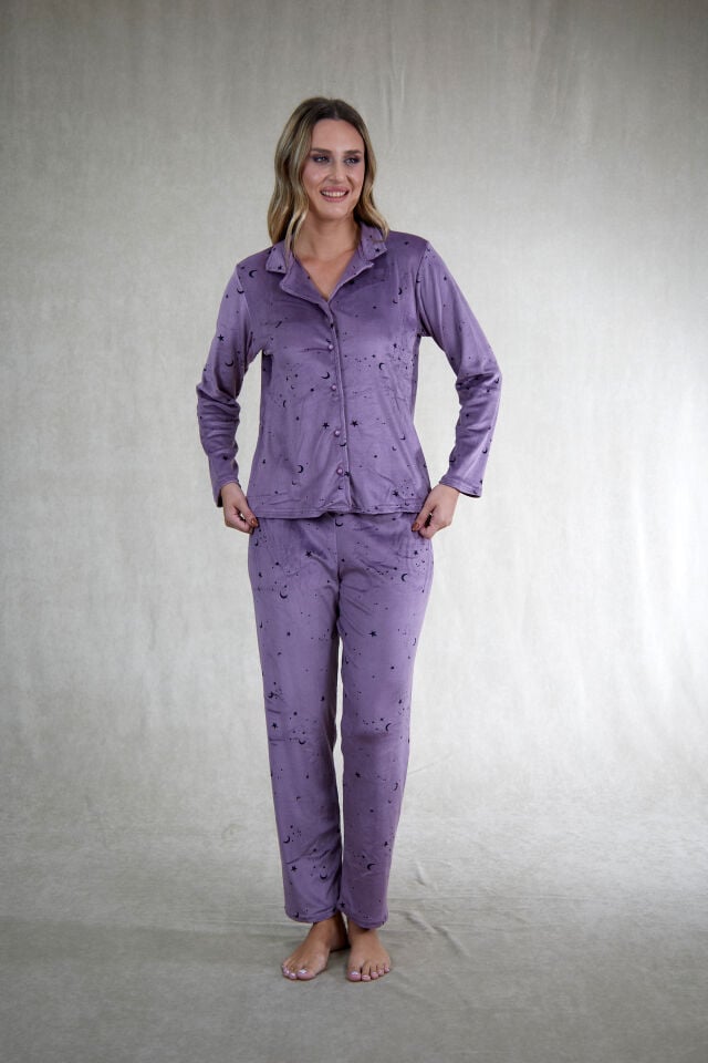 Kadın Kışlık Önden Düğmeli Yıldız Desenli Kadife Pijama Takımı Mor alternatif görsel
