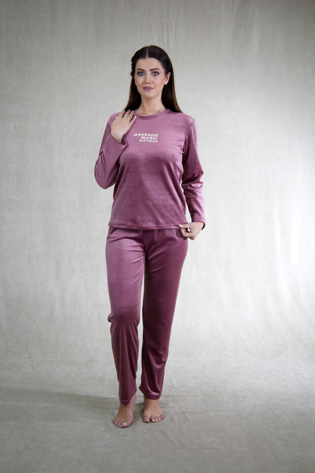 Estiva Kadın Weekend Yazılı Kadife Pijama Takımı Lacivert - 2XL