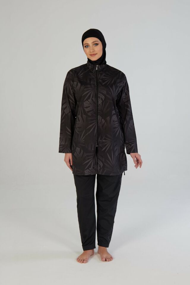 Estiva Tropical Tam Kapalı Taş Baskılı Pantolonlu Fermuarlı Tesettür Mayo