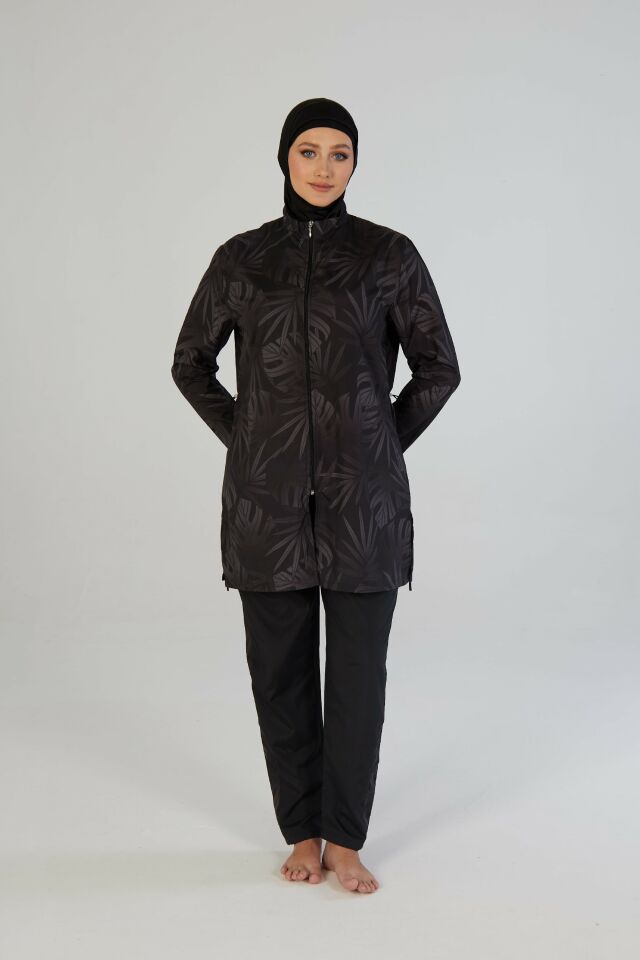 Estiva Tropical Tam Kapalı Taş Baskılı Pantolonlu Fermuarlı Tesettür Mayo