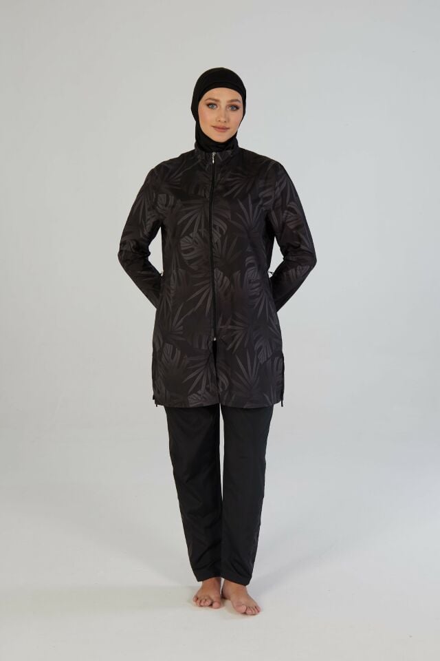 Estiva Tropical Tam Kapalı Taş Baskılı Pantolonlu Fermuarlı Tesettür Mayo