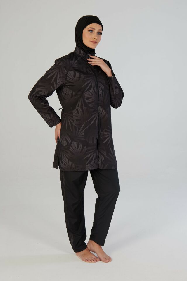 Estiva Tropical Tam Kapalı Taş Baskılı Pantolonlu Fermuarlı Tesettür Mayo