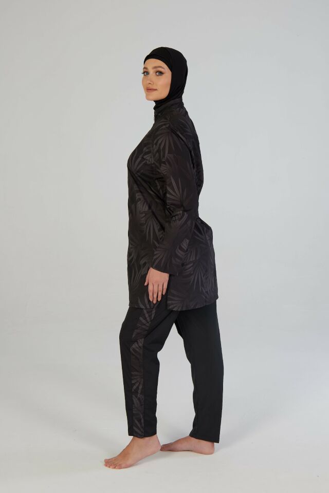 Estiva Tropical Tam Kapalı Taş Baskılı Pantolonlu Fermuarlı Tesettür Mayo