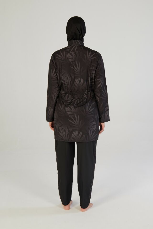 Estiva Tropical Tam Kapalı Taş Baskılı Pantolonlu Fermuarlı Tesettür Mayo