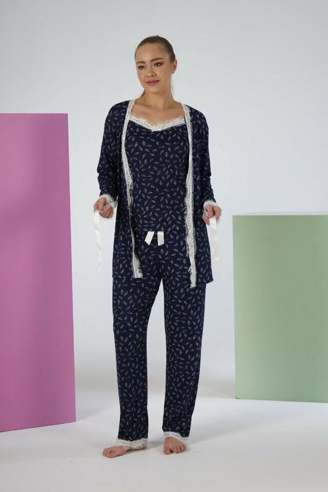 Kadın Yazlık Desenli 3 Parça Sabahlıklı İp Askılı Likra Viskon Pijama Takımı - Lacivert