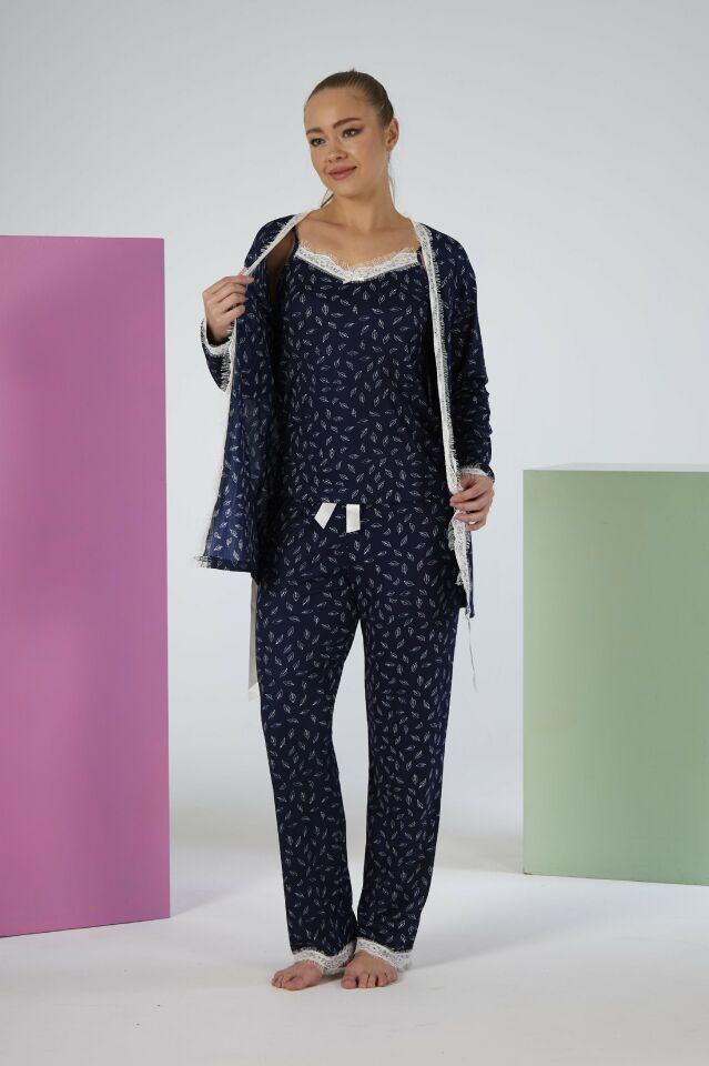 Kadın Yazlık Desenli 3 Parça Sabahlıklı İp Askılı Likra Viskon Pijama Takımı - Lacivert