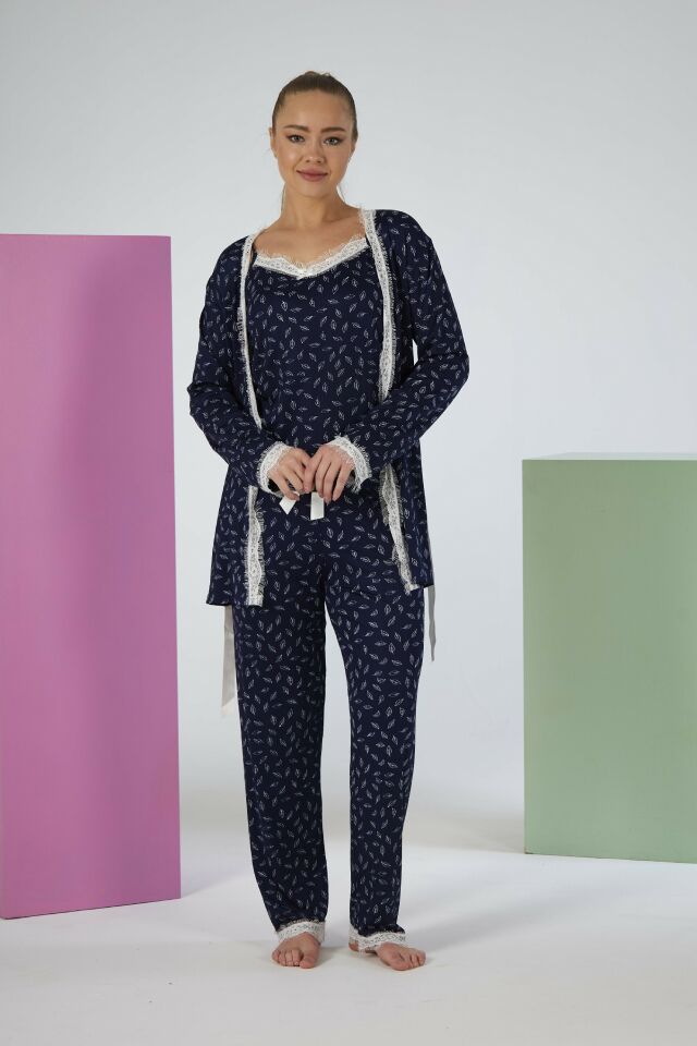 Kadın Yazlık Desenli 3 Parça Sabahlıklı İp Askılı Likra Viskon Pijama Takımı - Lacivert