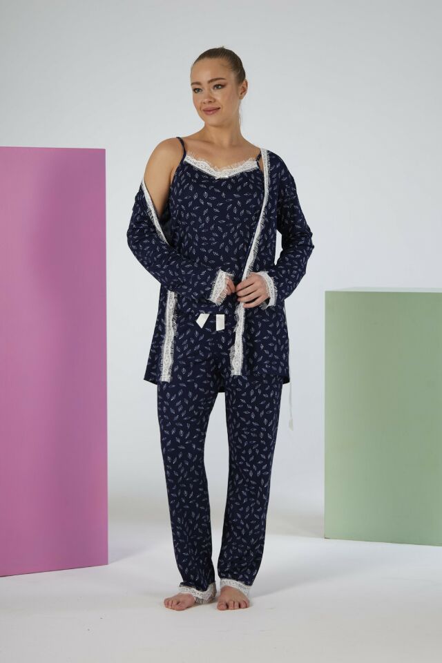 Kadın Yazlık Desenli 3 Parça Sabahlıklı İp Askılı Likra Viskon Pijama Takımı - Lacivert