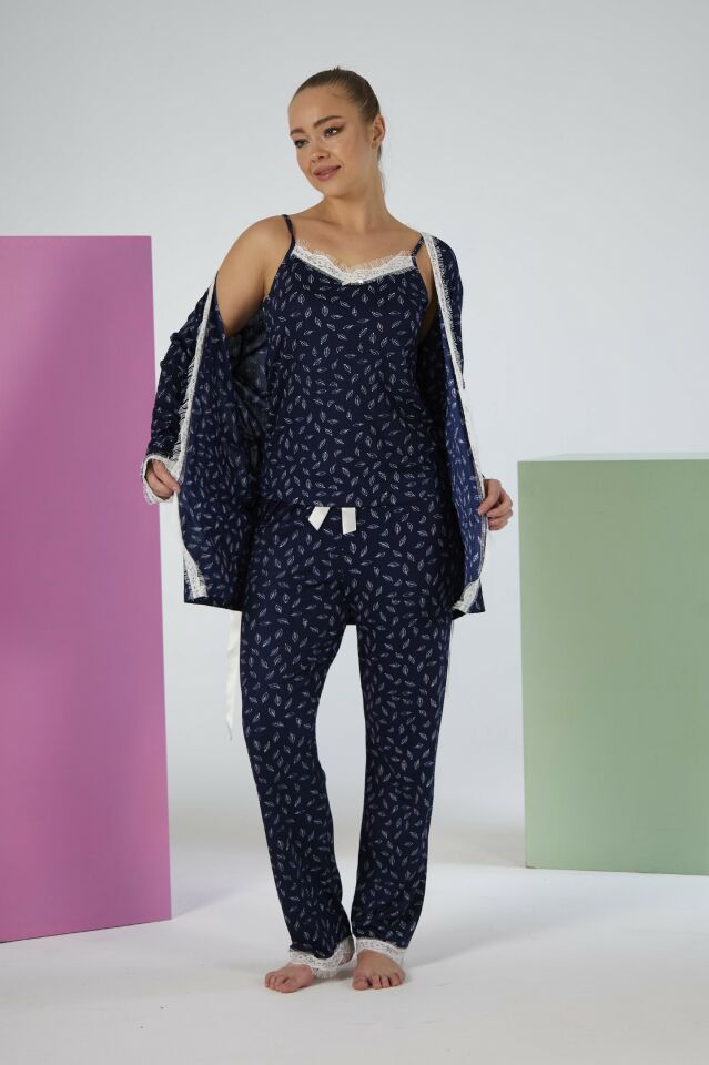 Kadın Yazlık Desenli 3 Parça Sabahlıklı İp Askılı Likra Viskon Pijama Takımı - Lacivert