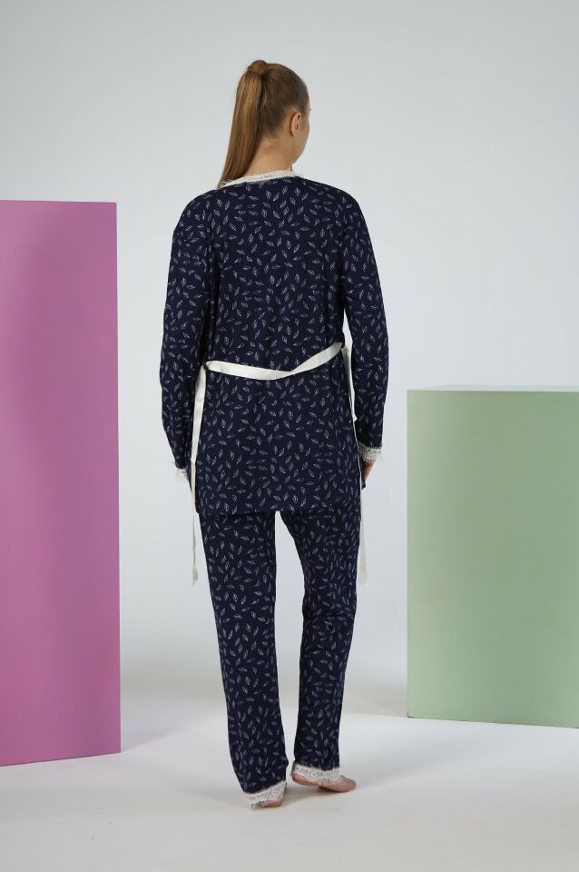 Kadın Yazlık Desenli 3 Parça Sabahlıklı İp Askılı Likra Viskon Pijama Takımı - Lacivert
