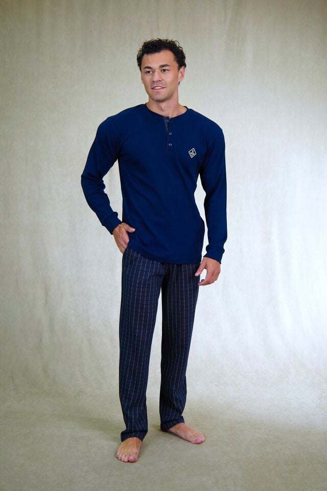 Estiva Erkek Kareli Lacivert Patlı İnterlok Pijama Takımı