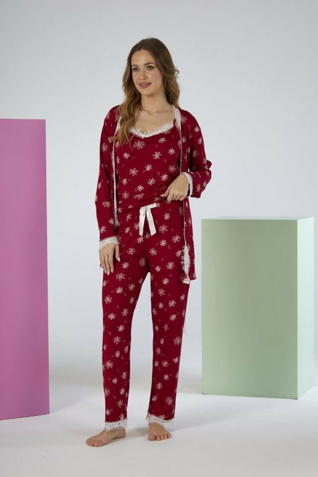 Kadın Yazlık Papatya Desenli 3 Parça Sabahlıklı İp Askılı Likra Viskon Pijama Takımı - Kırmızı