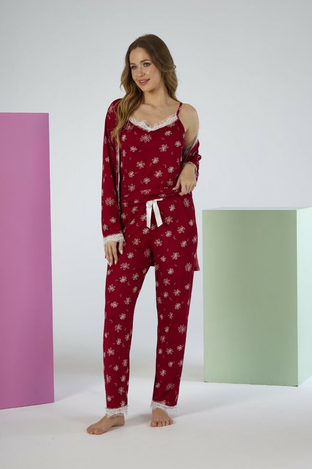 Kadın Yazlık Papatya Desenli 3 Parça Sabahlıklı İp Askılı Likra Viskon Pijama Takımı - Kırmızı