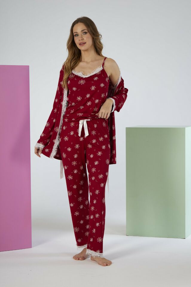 Kadın Yazlık Papatya Desenli 3 Parça Sabahlıklı İp Askılı Likra Viskon Pijama Takımı - Kırmızı