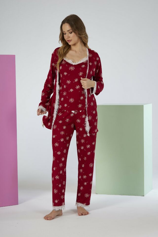 Kadın Yazlık Papatya Desenli 3 Parça Sabahlıklı İp Askılı Likra Viskon Pijama Takımı - Kırmızı