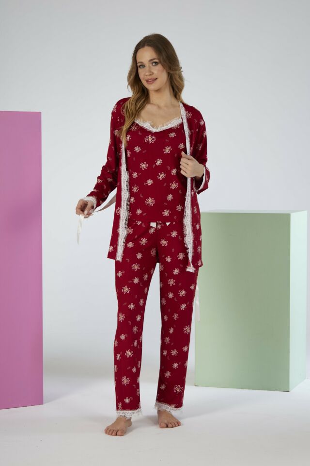 Kadın Yazlık Papatya Desenli 3 Parça Sabahlıklı İp Askılı Likra Viskon Pijama Takımı - Kırmızı