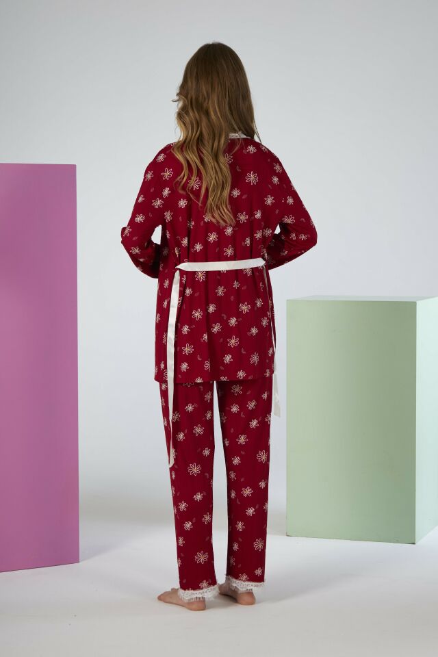 Kadın Yazlık Papatya Desenli 3 Parça Sabahlıklı İp Askılı Likra Viskon Pijama Takımı - Kırmızı