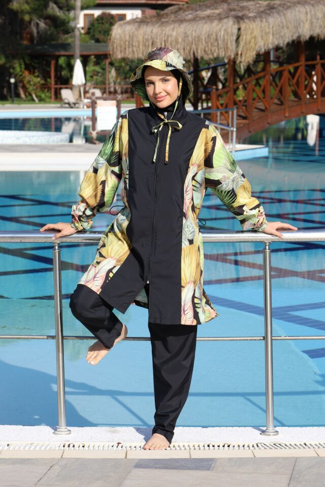 Estiva Sunleaf Tam Kapalı Şapkalı Pantolonlu Fermuarlı Tesettür Mayo