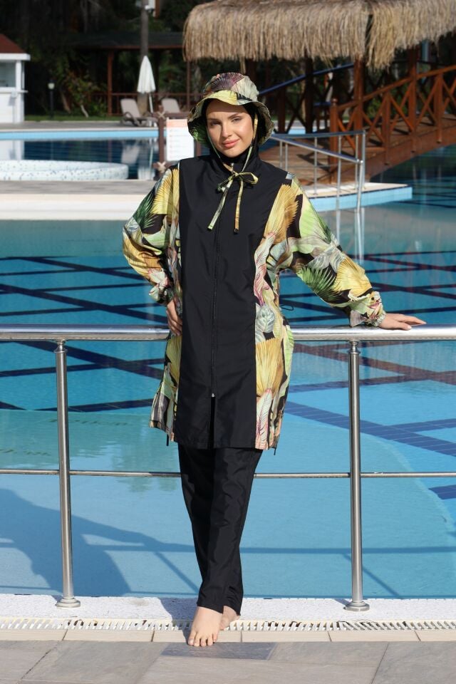 Estiva Sunleaf Tam Kapalı Şapkalı Pantolonlu Fermuarlı Tesettür Mayo