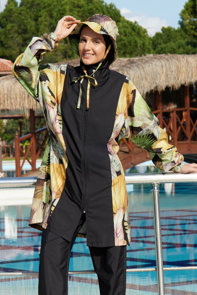 Estiva Sunleaf Tam Kapalı Şapkalı Pantolonlu Fermuarlı Tesettür Mayo