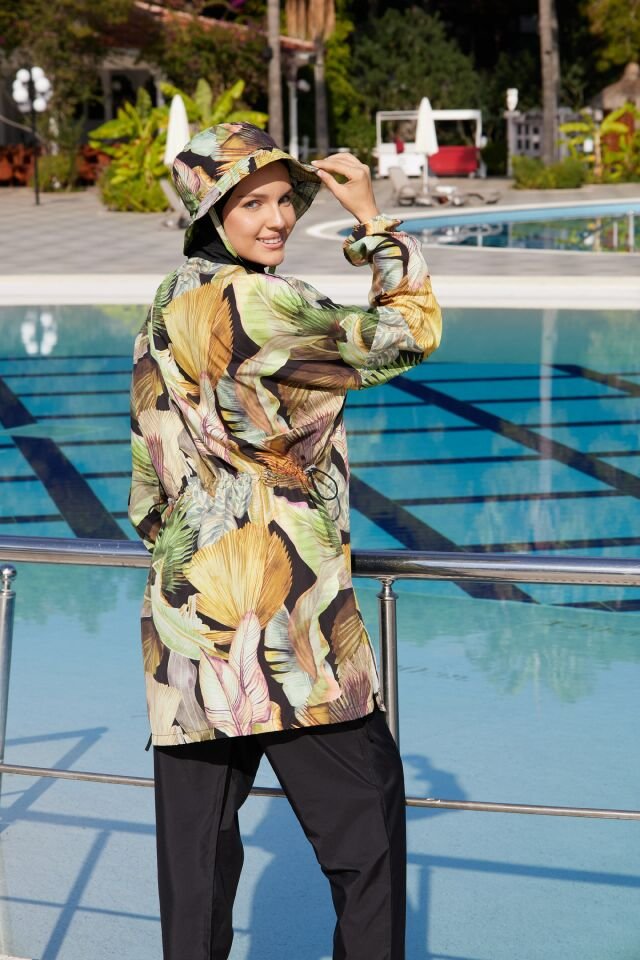 Estiva Sunleaf Tam Kapalı Şapkalı Pantolonlu Fermuarlı Tesettür Mayo