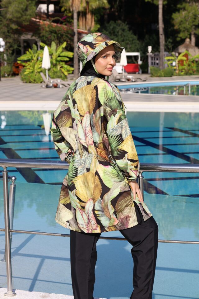 Estiva Sunleaf Tam Kapalı Şapkalı Pantolonlu Fermuarlı Tesettür Mayo