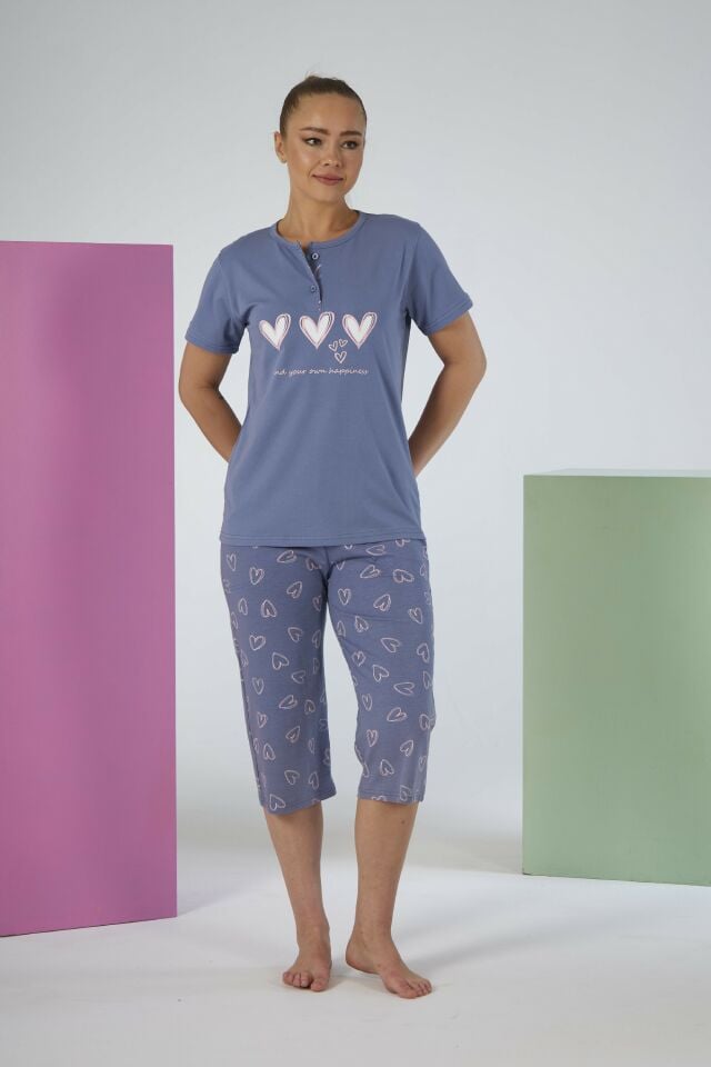 Kadın Yazlık Kalp Desenli Kısa Kollu Kaprili Penye Lycra Pijama Takımı