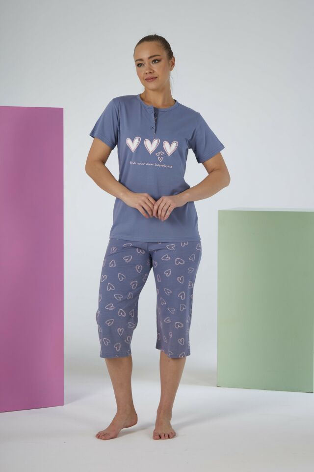 Kadın Yazlık Kalp Desenli Kısa Kollu Kaprili Penye Lycra Pijama Takımı
