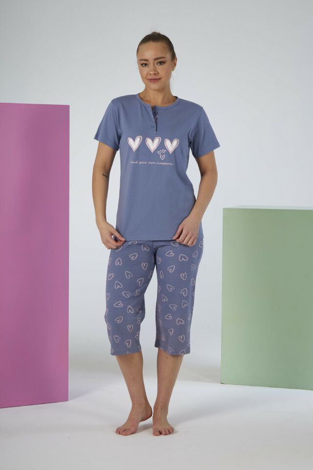Kadın Yazlık Kalp Desenli Kısa Kollu Kaprili Penye Lycra Pijama Takımı