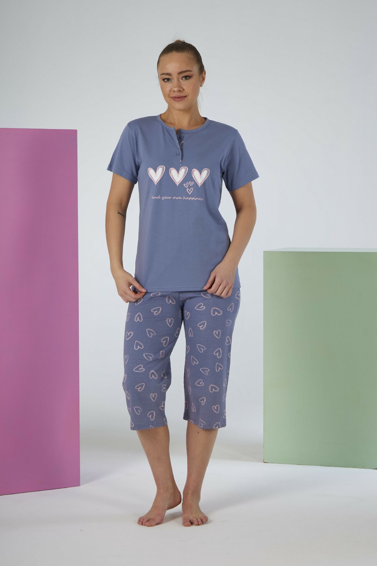 Kadın Yazlık Kalp Desenli Kısa Kollu Kaprili Penye Lycra Pijama Takımı S - Gri