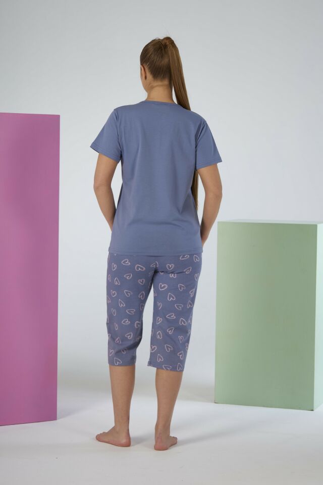 Kadın Yazlık Kalp Desenli Kısa Kollu Kaprili Penye Lycra Pijama Takımı S - Gri