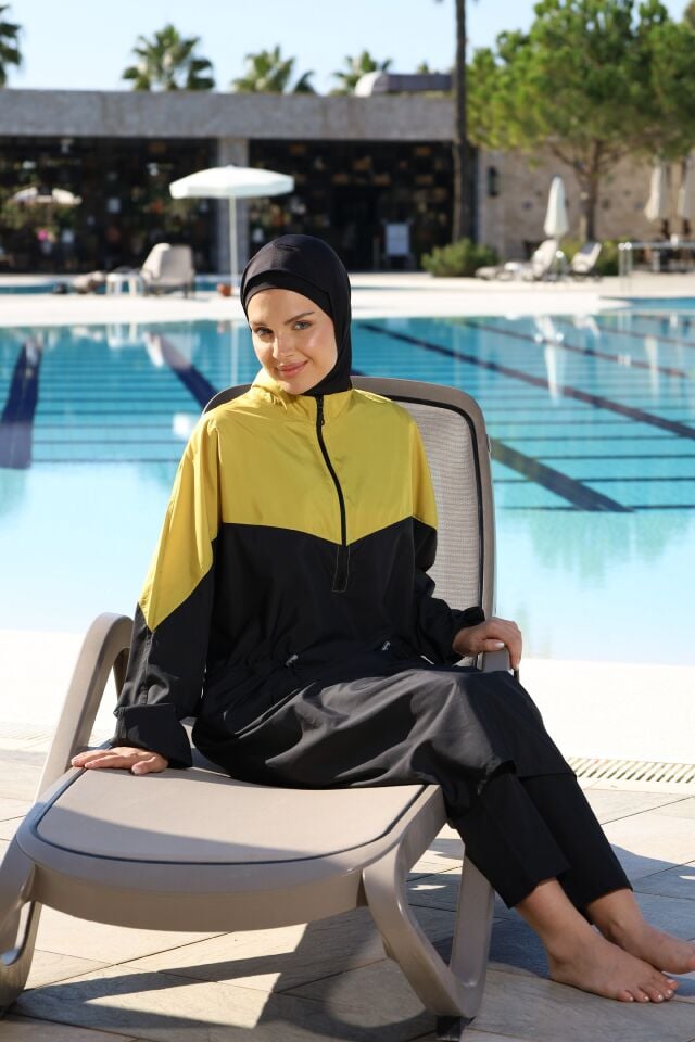 Estiva Golden Tam Kapalı Pantolonlu Fermuarlı Uzun Tesettür Mayo