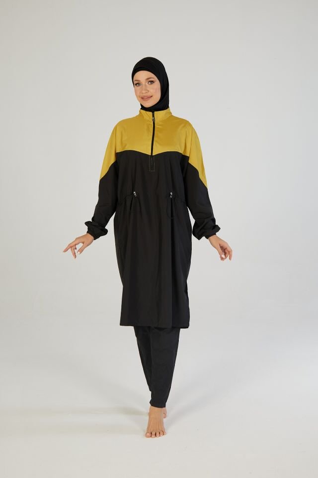 Estiva Golden Tam Kapalı Pantolonlu Fermuarlı Uzun Tesettür Mayo